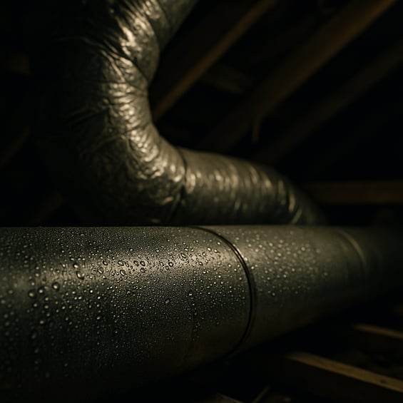 In a dimly lit attic the focus is on a portion of the ductwork system where beads of condensation glisten on the metal surfaces-2