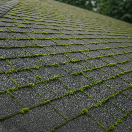 Moss growth on asphalt shingles