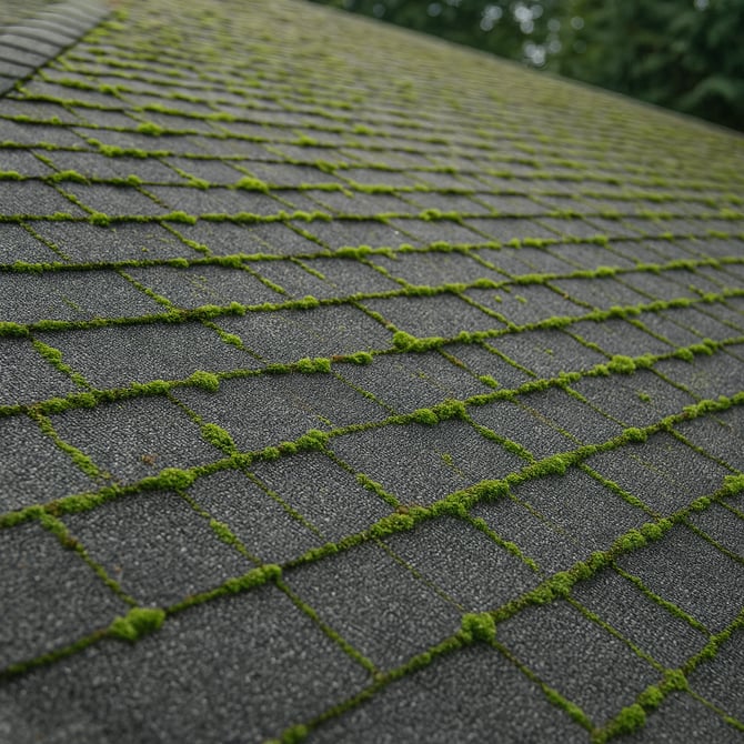 Moss growth on asphalt shingles