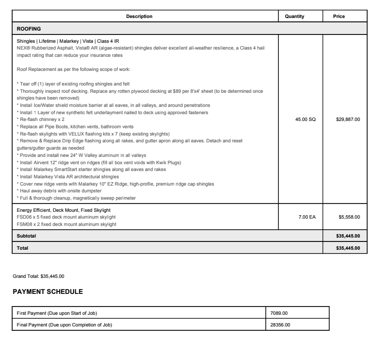 Example of Generic Roof Estimate
